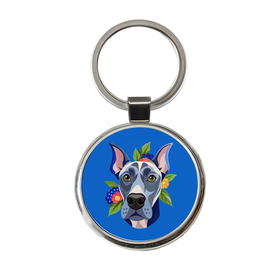 Great Dane Head Floral Motif Blue Dog Round Metal Keychain