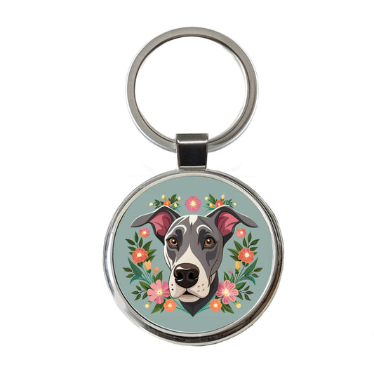 Great Dane Head Floral Motif Gray Dog Round Metal Keychain