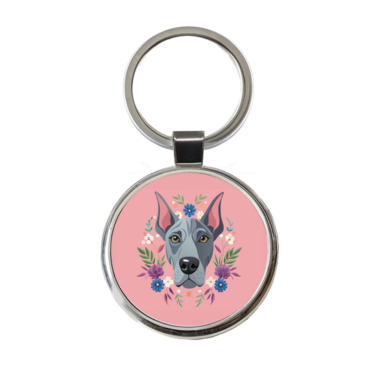 Great Dane Head Floral Motif Pink Dog Round Metal Keychain