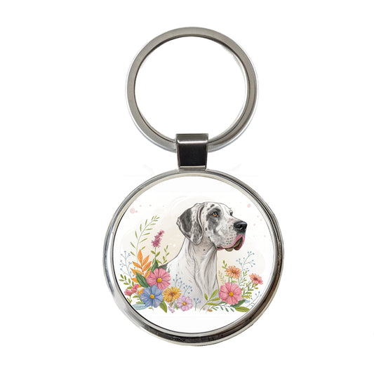 Great Dane Floral Motif Dog Light Round Metal Keychain