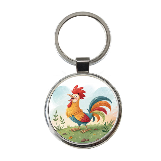 Happy Rooster Round Metal Keychain