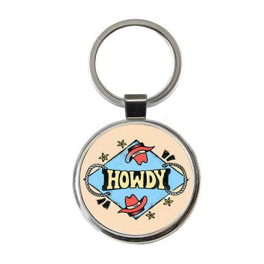 Howdy Country Cowboy Cowgirl Round Metal Keychain