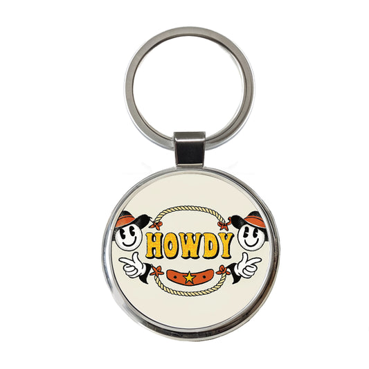 Howdy Funny Country Cowboy Cowgirl Round Metal Keychain
