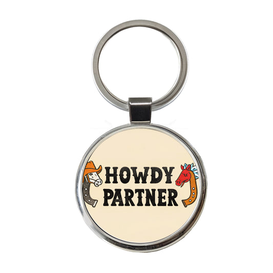 Howdy Partner Country Cowboy Cowgirl Cute Round Metal Keychain