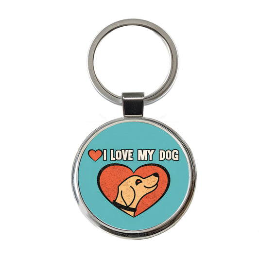 I Love My Dog Blue Round Metal Keychain