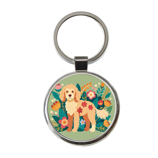 Labradoodle Floral Motif Dog Round Metal Keychain