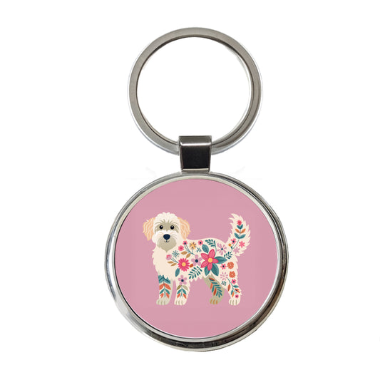 Labradoodle Floral Motif Pink Cute Dog Round Metal Keychain