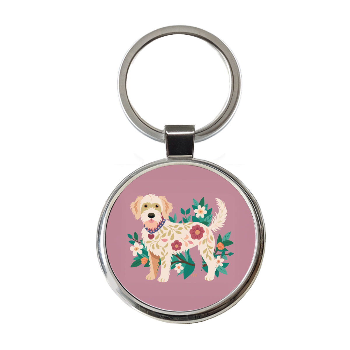 Labradoodle Floral Motif Standing Dog Round Metal Keychain