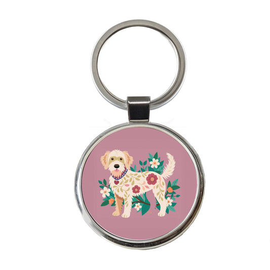 Labradoodle Floral Motif Standing Dog Round Metal Keychain