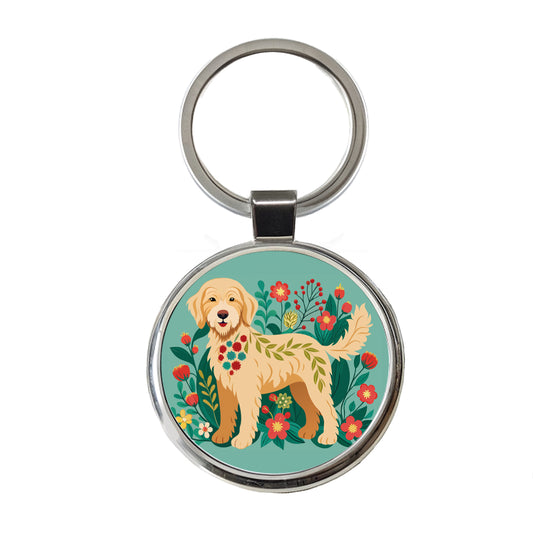 Labradoodle Floral Motif Tan Dog Round Metal Keychain