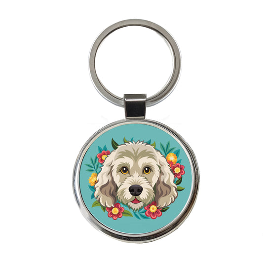 Labradoodle Head Floral Motif Dog Round Metal Keychain