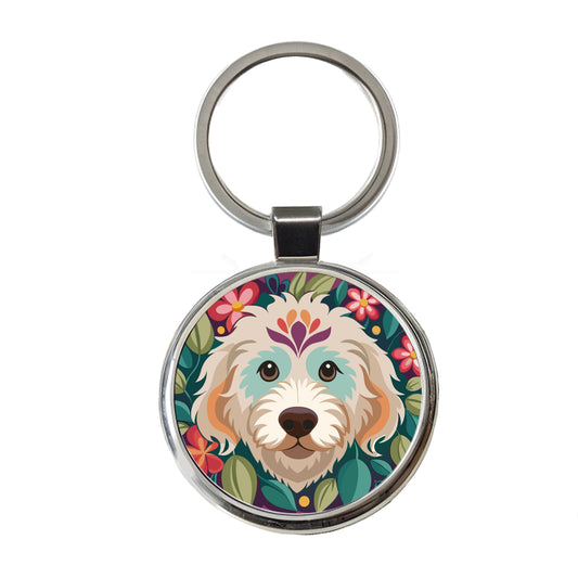 Labradoodle Head Floral Motif Purple Dog Round Metal Keychain