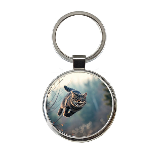 Leaping Funny Cat Grinning Round Metal Keychain
