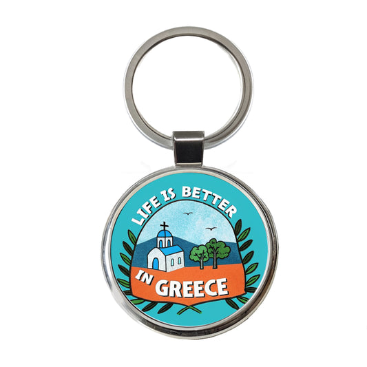 Life Is Better In Greece Round Metal Keychain