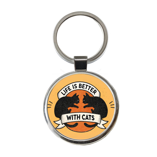 Life Is Better With Cats Round Metal Keychain