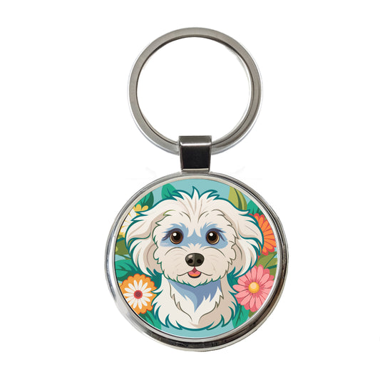 Maltipoo Floral Motif Dog Cute Round Metal Keychain