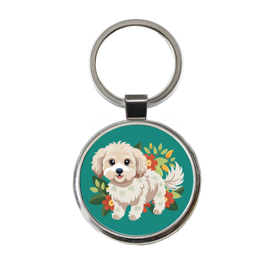 Maltipoo Floral Motif Dog Standing Round Metal Keychain