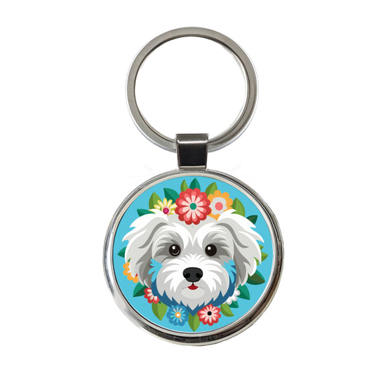 Maltipoo Head Floral Motif Blue Dog Round Metal Keychain