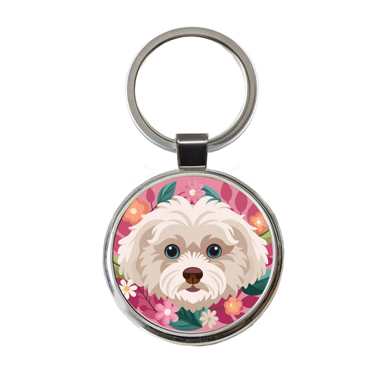 Maltipoo Head Floral Motif Pink Dog Round Metal Keychain