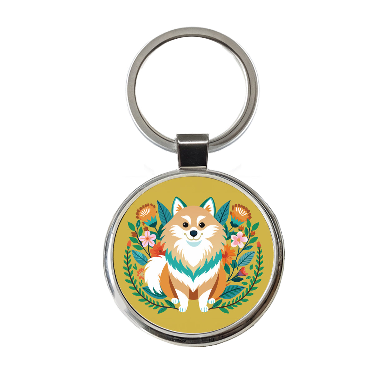 Pomsky Floral Motif Dog Round Metal Keychain