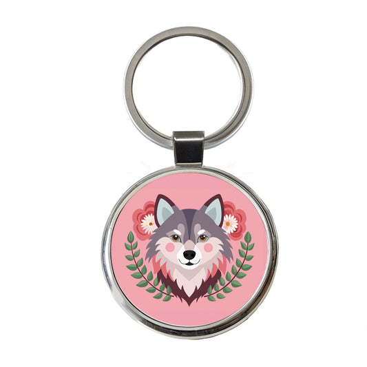 Pomsky Head Floral Motif Pink Cute Dog Round Metal Keychain
