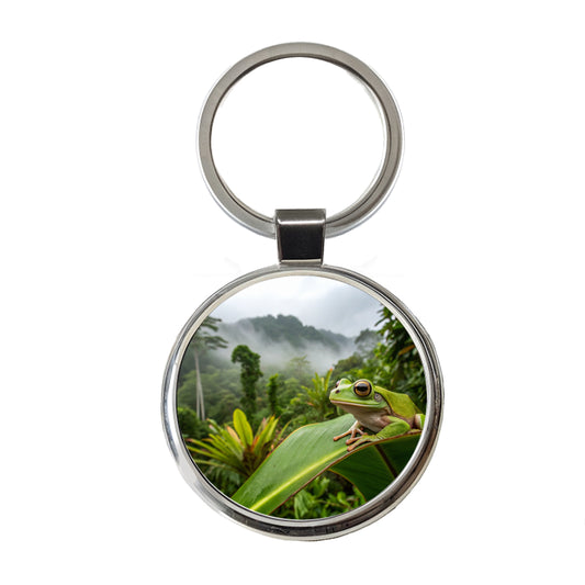 Puerto Rico Frog On Leaf Round Metal Keychain