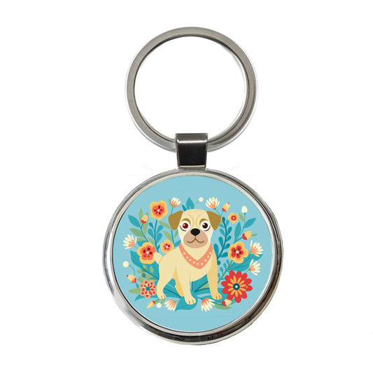 Puggle Floral Motif Blue Dog Round Metal Keychain