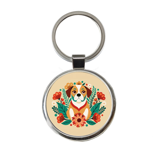 Puggle Floral Motif Dog Round Metal Keychain