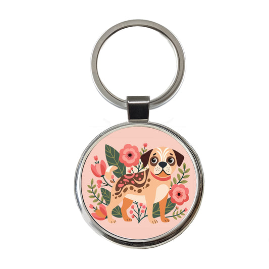 Puggle Floral Motif Pink Dog Round Metal Keychain