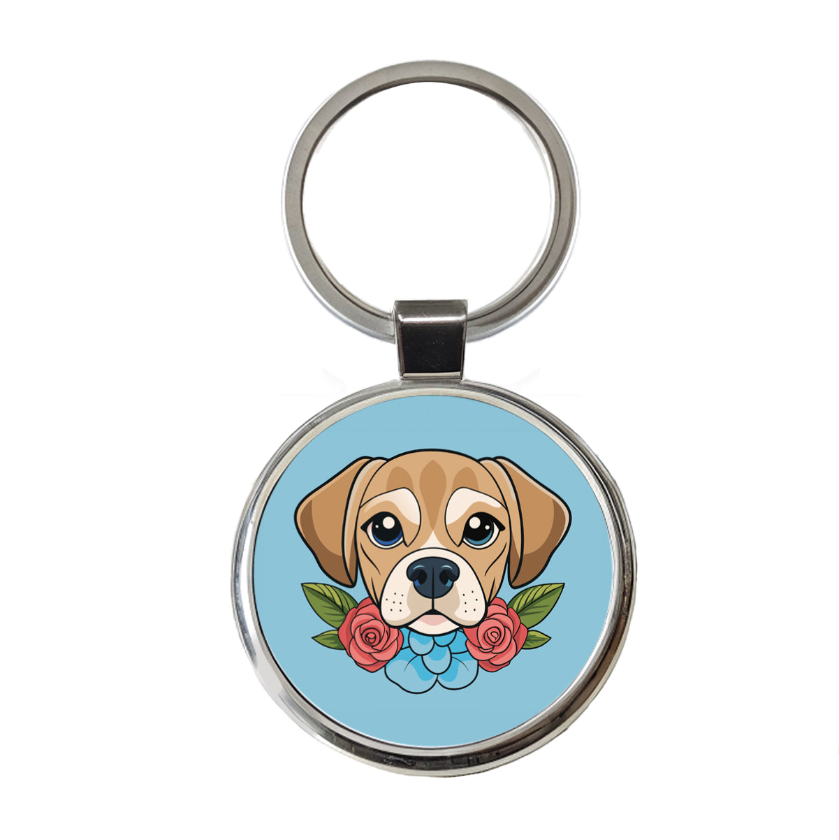 Puggle Head Floral Motif Blue Dog Round Metal Keychain
