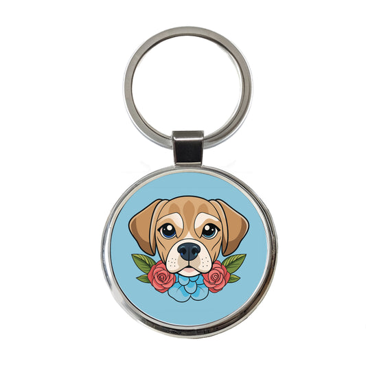 Puggle Head Floral Motif Blue Dog Round Metal Keychain