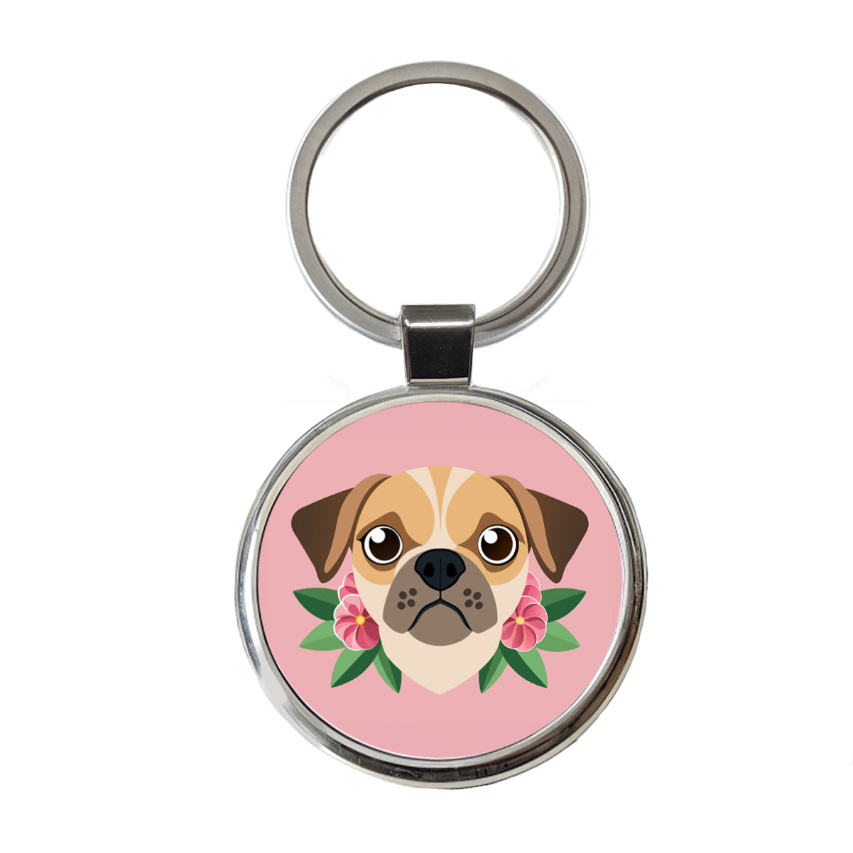 Puggle Head Floral Motif Pink Dog Round Metal Keychain