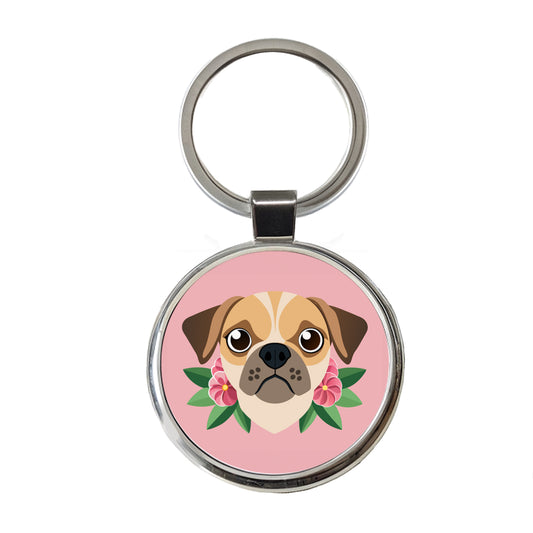 Puggle Head Floral Motif Pink Dog Round Metal Keychain