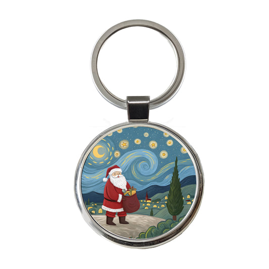 Santa Van Gogh Starry Night Christmas Funny Round Metal Keychain