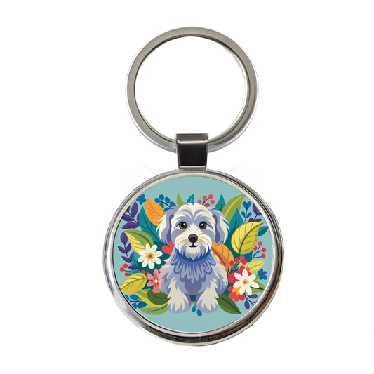 Schnoodle Floral Motif Blue Dog Round Metal Keychain