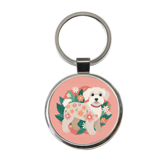 Schnoodle Floral Motif Cute Dog Round Metal Keychain