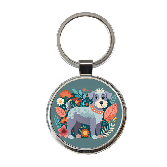 Schnoodle Floral Motif Dog Gray Round Metal Keychain
