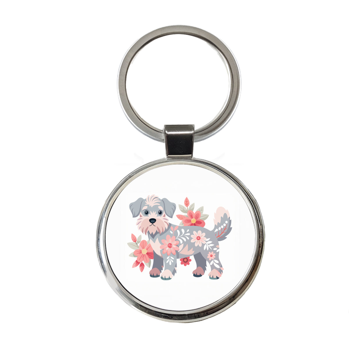 Schnoodle Floral Motif Dog Round Metal Keychain
