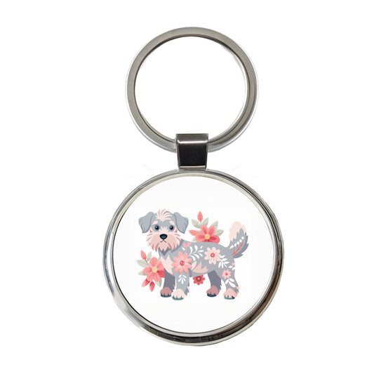 Schnoodle Floral Motif Dog Round Metal Keychain