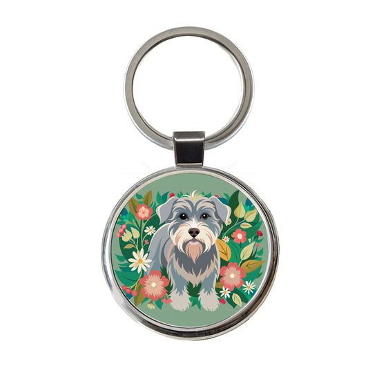 Schnoodle Floral Motif Green Dog Round Metal Keychain