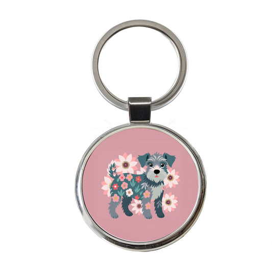 Schnoodle Floral Motif Pink Dog Round Metal Keychain