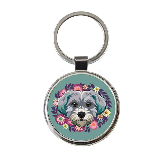 Schnoodle Head Floral Motif Dog Cute Round Metal Keychain