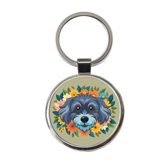 Schnoodle Head Floral Motif Dog Round Metal Keychain