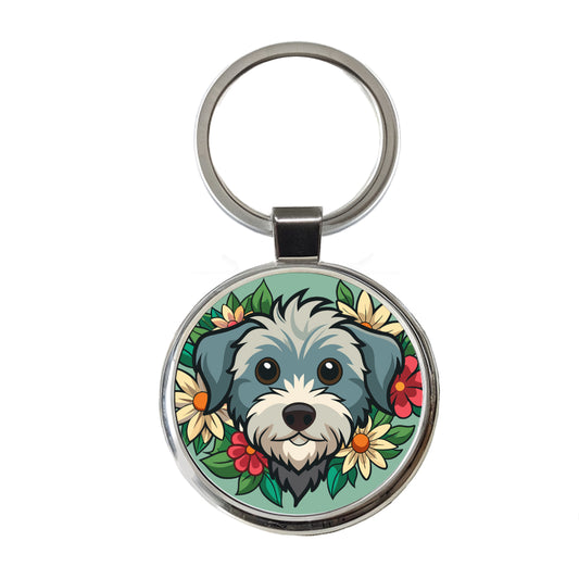 Schnoodle Head Floral Motif Green Dog Round Metal Keychain