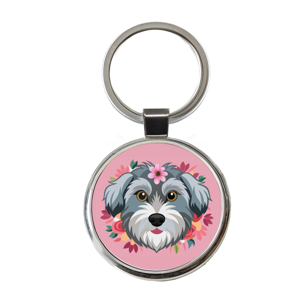 Schnoodle Head Floral Motif Pink Dog Round Metal Keychain