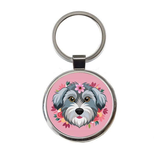 Schnoodle Head Floral Motif Pink Dog Round Metal Keychain