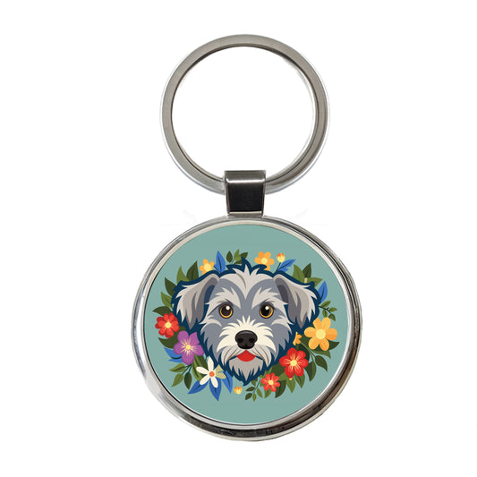 Schnoodle Head Floral Motif Round Metal Keychain