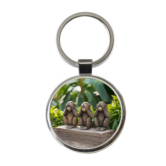 See No Evil Monkeys Funny Round Metal Keychain