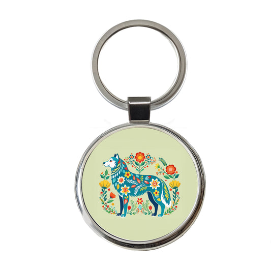 Siberian Retriever Floral Motif Beautiful Dog Round Metal Keychain