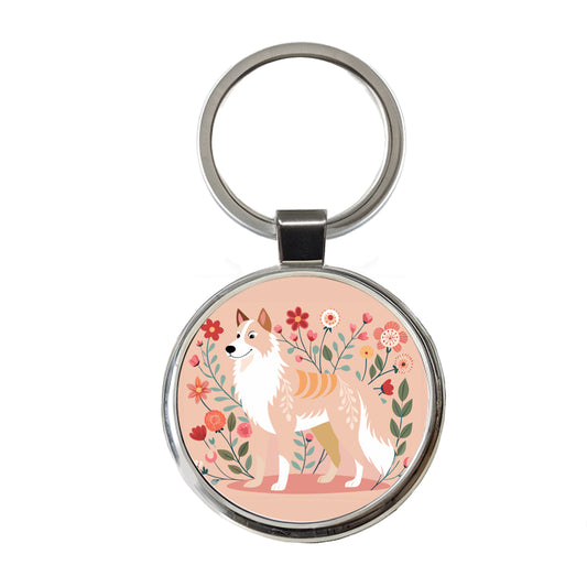 Siberian Retriever Floral Motif Dog Cute Round Metal Keychain